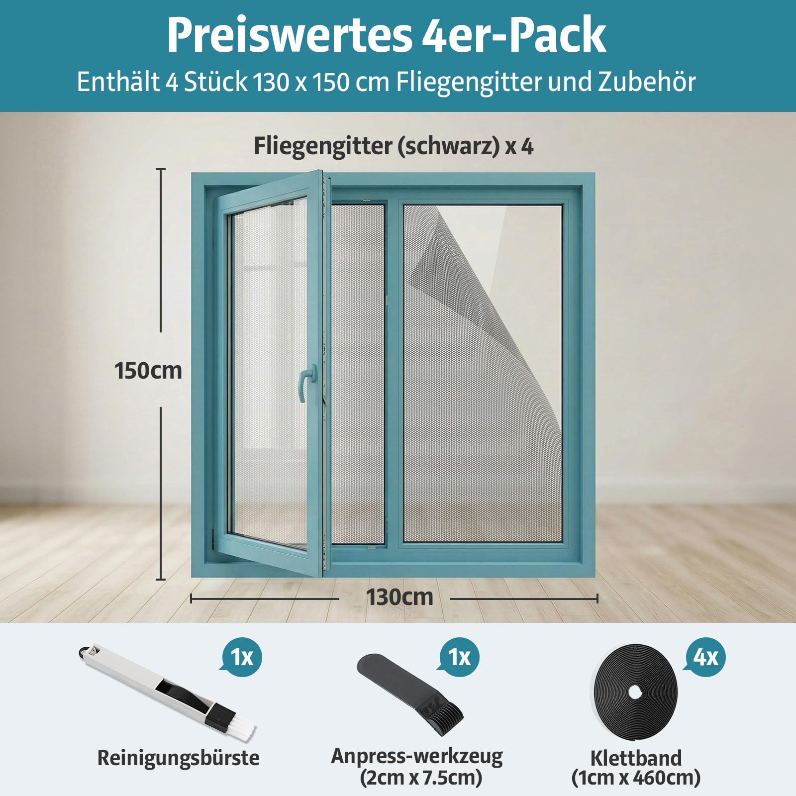 YANGTE Fliegengitter für Fenster 4 Stück 130x150 cm, Insect Stop Insektenschutz mit Klettband selbstklebend, Moskitonetze für Fenster schützen die Familie vor Insekten Schwarz 3