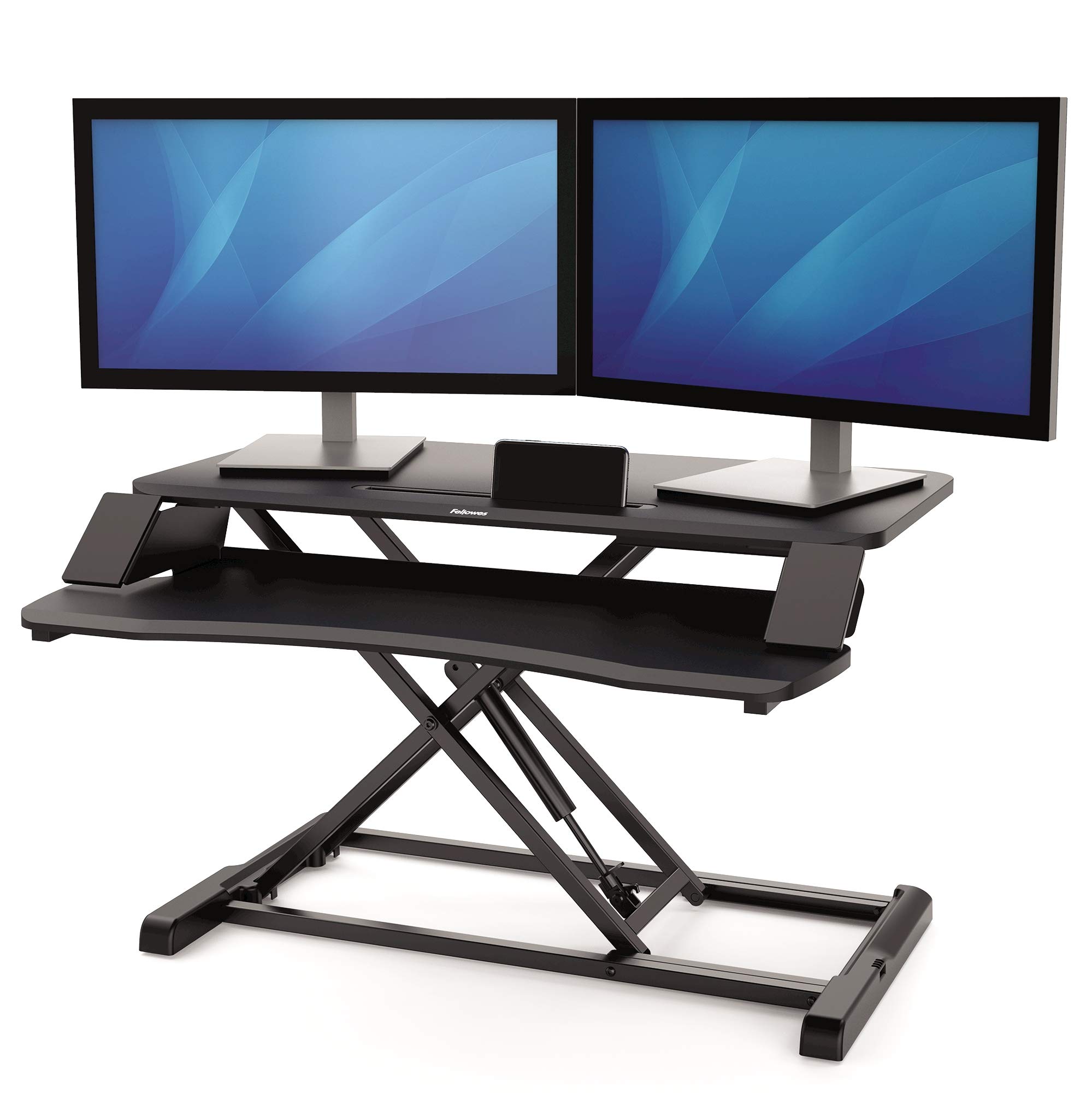 Fellowes Corsivo Easy To Assemble Height Adjustable Standing Desk Converter for Home and Office - Free Standing Sit Stand Desk for Dual Monitors or Laptop and Monitor - Max Weight 17KG - Black