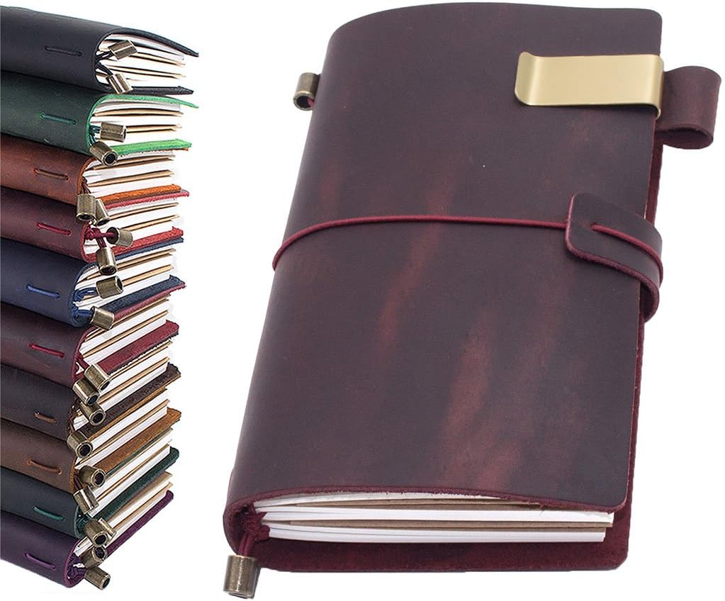 Leather Journal, Handmade Vintage Refillable Travel Diary Writing Notebook Gift for Men & Women 7"x4" Wine