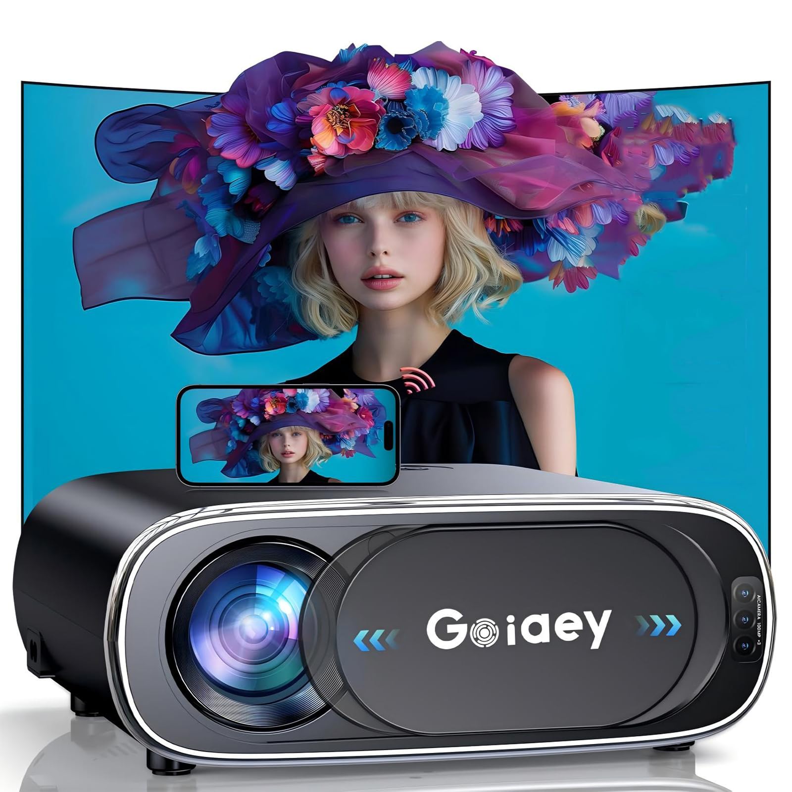 Photo 1 of ***LIKE NEW/OPEN BOX***1200 ANSI 4K Projector with WiFi and Bluetooth, Auto Focus Auto Lens Cover Goiaey Outdoor Projector, Auto Keystone&50%-100% Zoom, Native 1080P Portable Smart Projector for Home and Outdoor use