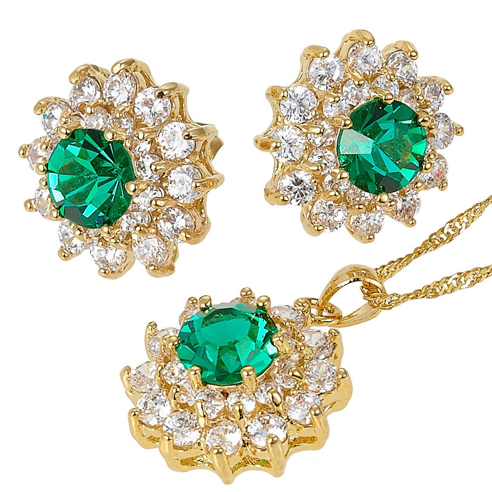 RIZILIA BLOSSOM Jewellery Set Pendant with 45cm(18") Chain & Stud Earrings Round Cut Gemstones CZ [Green Emerald] in 18K Yellow Gold Plated, Simple Modern Elegance