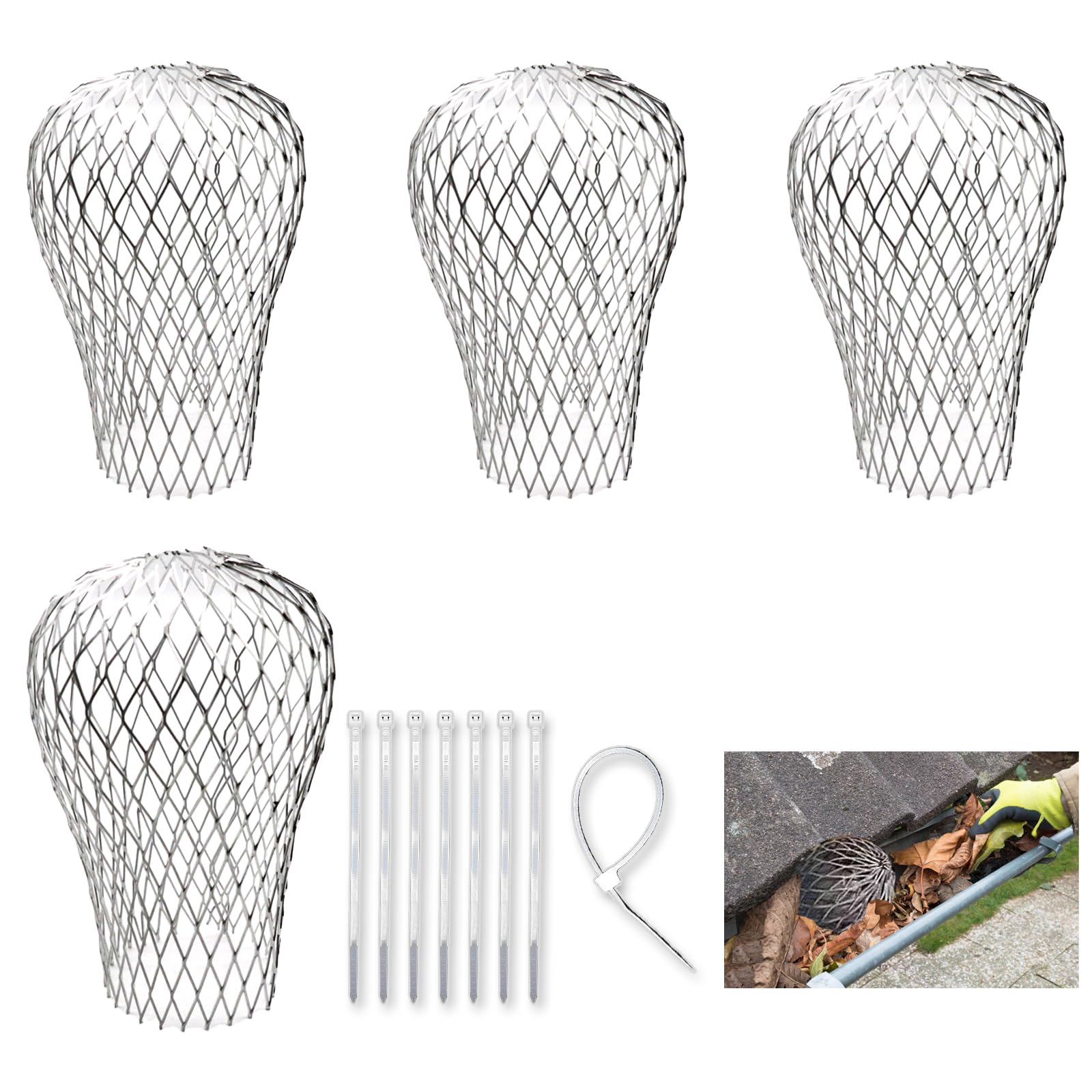 AN-WATTY Pack of 4 Gutter Leaf Guards, Rain Gutter Leaf Protection, Downpipe Protection, Leaf Protection Gutters, Leaf Protection for Gutters, Leaf Catcher Downpipe, for Downpipes with 3-15 cm