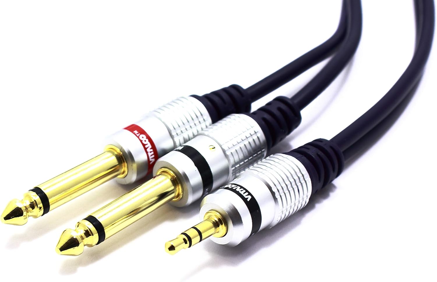 VITALCO 3.5mm to 6.35mm x2 Cable 1m Splitter Jack 1/8 Inch Stereo to Twin 1/4 Inch Mono Male to Male Plug Gold OFC