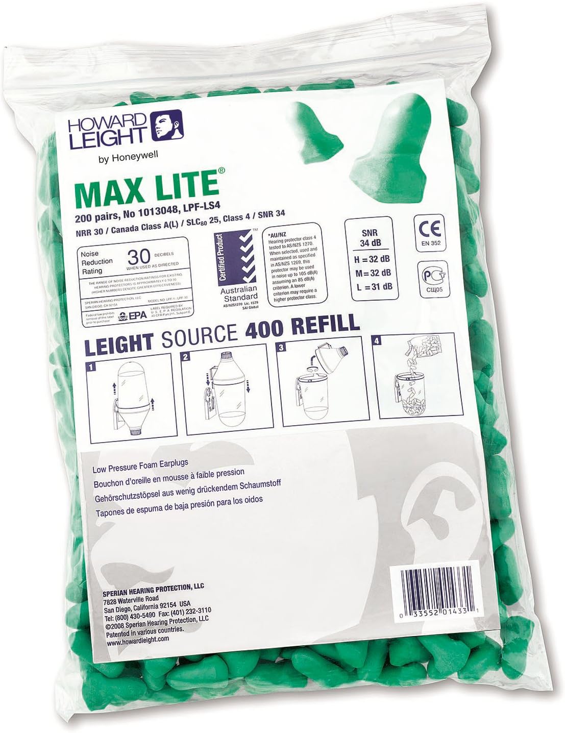 Howard Leight LPF-LS4 Leight Source 400 MAX Lite Uncorded Earplug Dispenser Refill Packs, Polyurethane Foam, Small, Green (Pack of 200)
