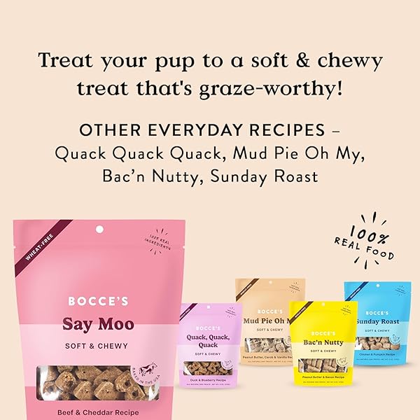 BOCCE’S BAKERY OVEN BAKED SAY MOO TREATS FOR DOGS, WHEAT-FREE EVERYDAY DOG TREATS, MADE WITH REAL INGREDIENTS, BAKED IN THE USA, ALL-NATURAL SOFT & CHEWY COOKIES, BEEF & CHEDDAR RECIPE, 6 OZ