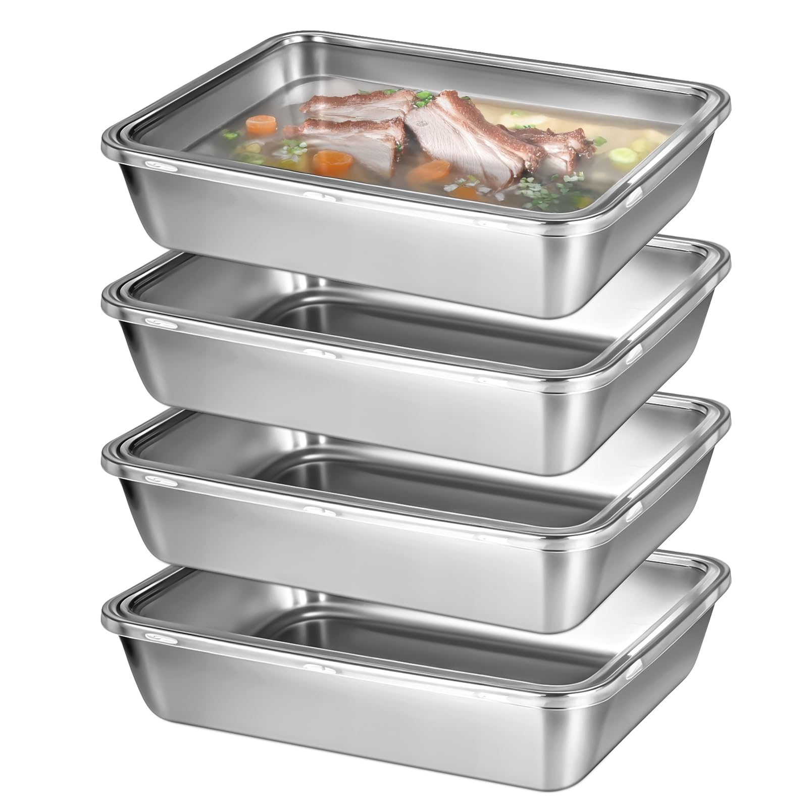 Photo 1 of ***MAJOR DAMAGE ON LIDS*** 4 Pcs Stainless Steel Food Containers with Clear Lids, Fresh- Keeping Container, Deli Meat Keeper for Refrigerator, Stackable Snack Storage Boxes for Picnic BBQ Party Travel, Freezer & Dishwasher Safe