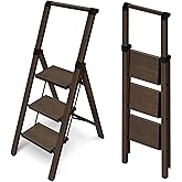 HillhutApex Aluminum 3 Step Ladder, Step Stool Foldable Ladder(Walnut) | Anti-Slip Wide Pedals,330lbs Capacity,Lightweight Folding Ladders for Home,Office,Library