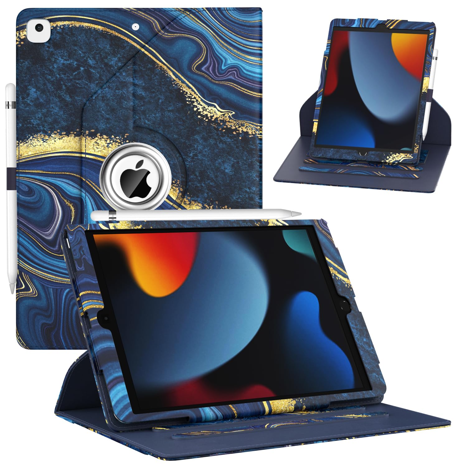 ZoneFoker Case for iPad 9th/8th/7th Generation, iPad 10.2 inch Case 2021/2020/2019, 360 Degree Rotating Stand, iPad 9 8 7 Gen 10.2 Leather Cover with Pocket Design & Pencil Holder, Marble Ocean Blue