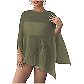 RoseSeek Women's See Through Knit Poncho Shawl 3/4 Sleeve Split Asymmetrical Shrug Sweater Cover Up