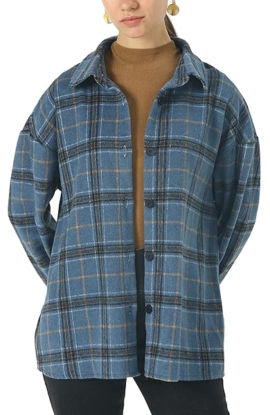 CHOUYATOU WOMEN’S WESTERN STYLISH LONG SLEEVE BUTTON DOWN OVERSIZE PLAID FLANNEL SHACKET SHIRT JACKET (BLUE, XX-LARGE)