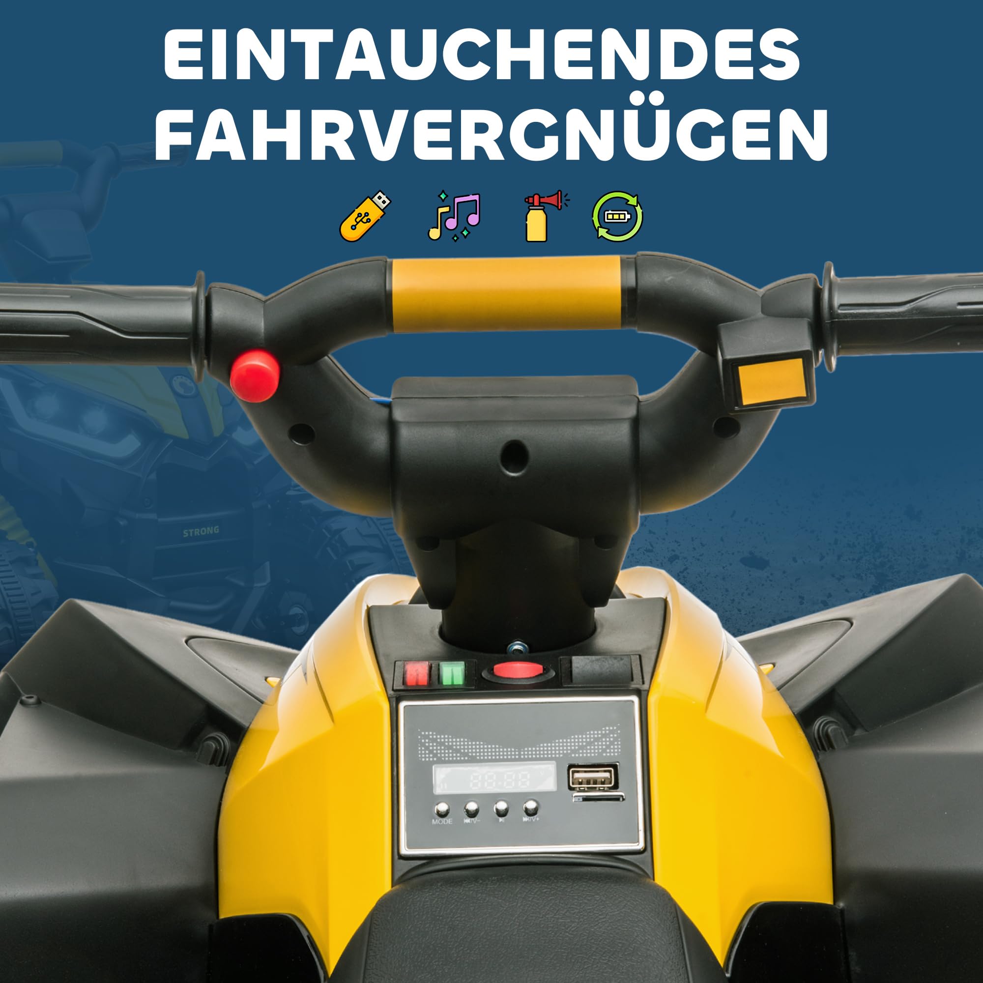 HOMCOM Kinder Quad Elektro 12V Kinderquad mit 35W Motor, Vorwärts-, Rückwärtsfunktion, Musik, USB-Anschluss, Hupe, LED-Scheinwerfer 3-6km/h Elektro-Quad für Kinder 3-5 Jahre Gelb 5