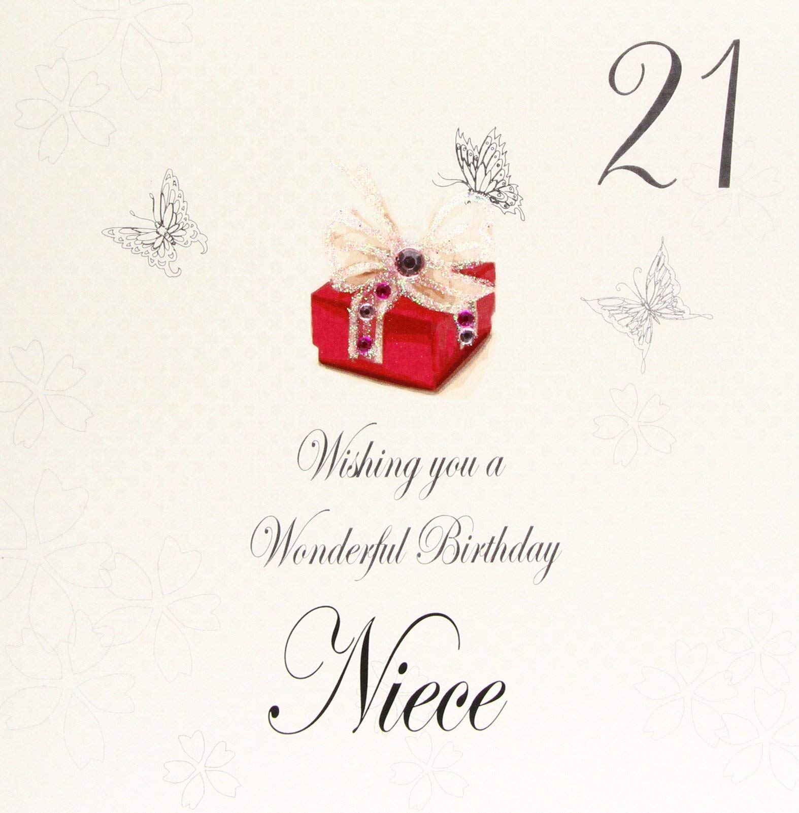 white cotton cards bdp21-n "Red Present, Wishing you a Wonderful Birthday Niece" Handmade 21st Birthday Card, White