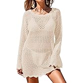 BreathSunny Womens Crochet Knit Swimsuit Coverup Mini Dress Summer 2026 Boat Neck Wavy Trim Beach Bathing Suit Cover Up