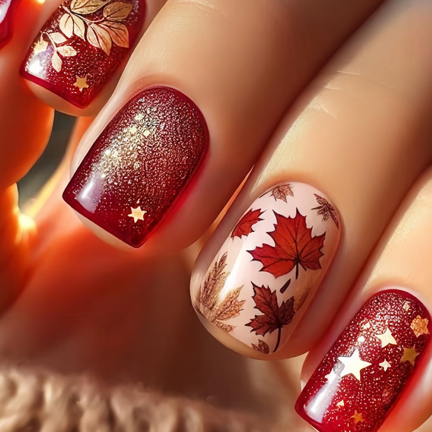 Photo 1 of 24Pcs Fall Press on Nails Medium Square Red Maple Leaf Fake Nails with Star Glitter Designs Golden Yellow Autumn Leaves False Nail Thanksgiving Nails Kit Full Cover Fall Leaves Glue on Nail for Women