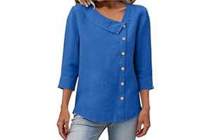 Womens Cotton Linen Shirts 3/4 Sleeve Blouses Asymmetrical Neck Tops Button Down T-Shirt Casual Tunic Top 2026