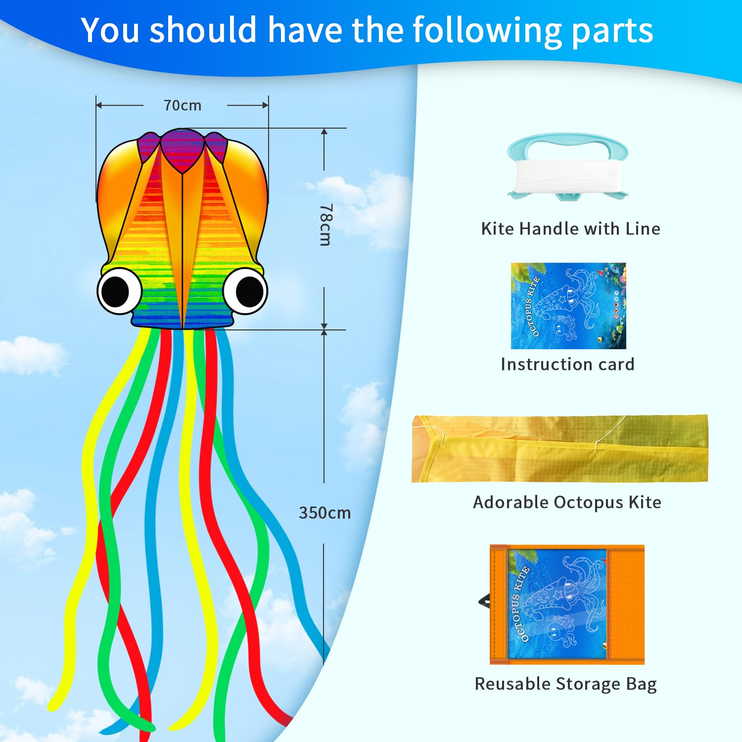 Xida Octopus Kite for Kids Ages 4-8, Professional Kites for Beginners and Adults, Easy to Fly Beach Kites for Boys and Girls, Long Colorful Tail with 200ft Line, Large Kite for Outdoor Family Games