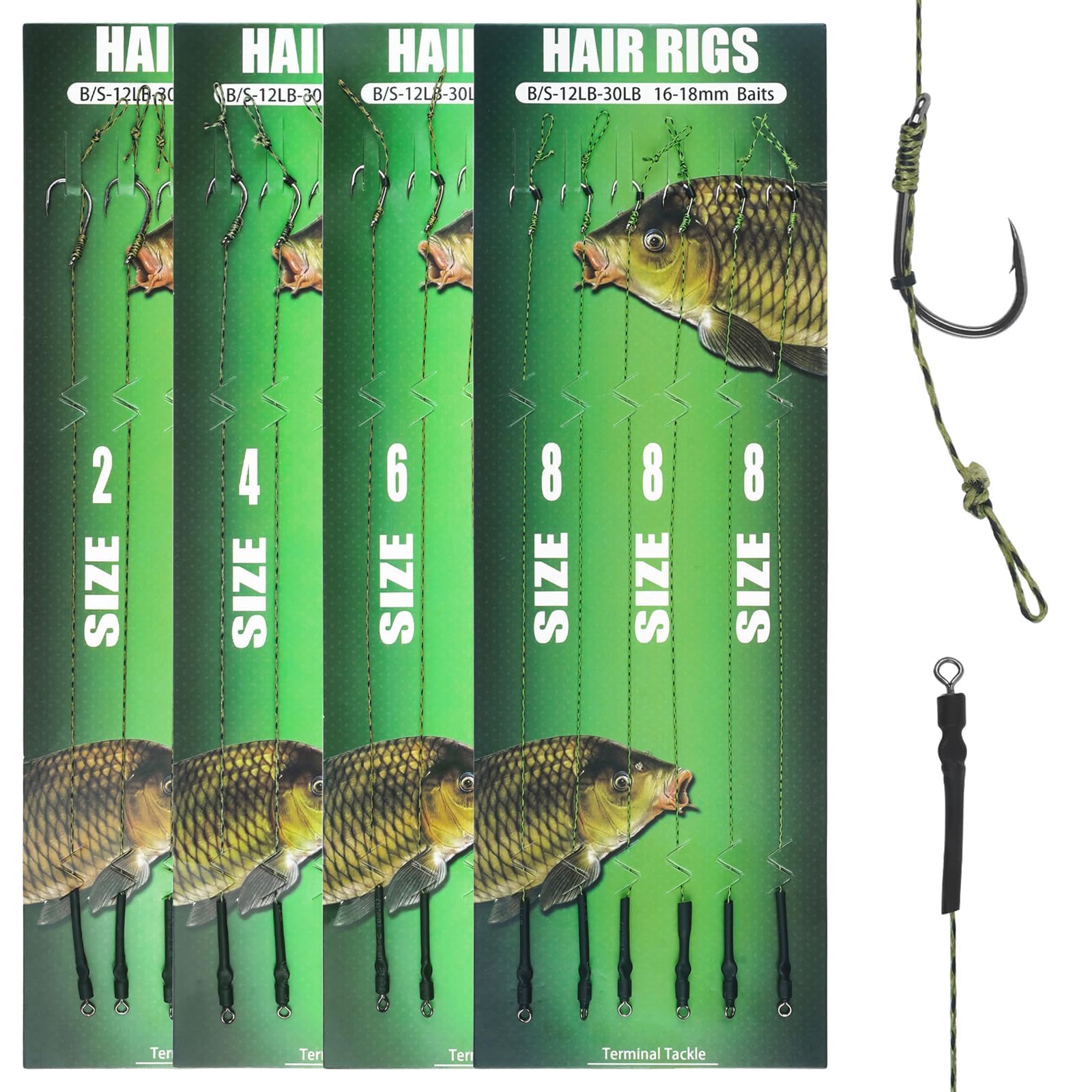 Carp Fishing Hair Rigs, 24pcs Curved Barbed Carp Hooks Freshwater Fishing Gear with Anti-Tangle Rolling Swivel Boilies Handmade Braided Thread Line Hair Bait Rig