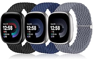 Ouwegaga 3 Pack Elastic Band Compatible with Fitbit Versa 4/Fitbit Versa 3/Fitbit Sense/Fitbit Sense 2 Bands for Women Men, Adjustable Nylon Braided Solo Loop Sport Strap for Fitbit Smartwatch