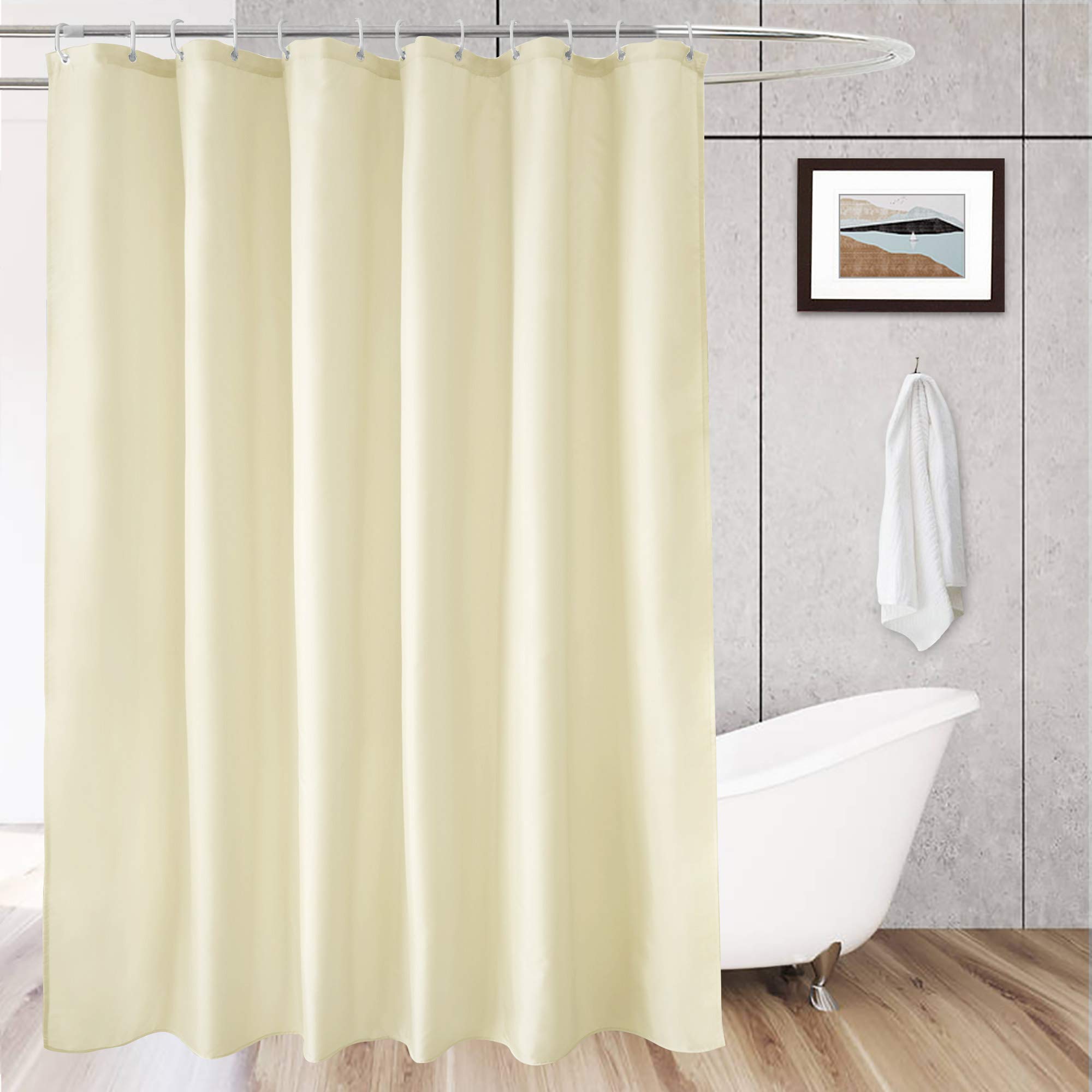 AooHome Extra Long Fabric Shower Curtain, Polyester Solid Shower Curtain Liner for Hotel with Hooks, Weigthed Bottom, Waterproof, Beige, 72x78 Inch