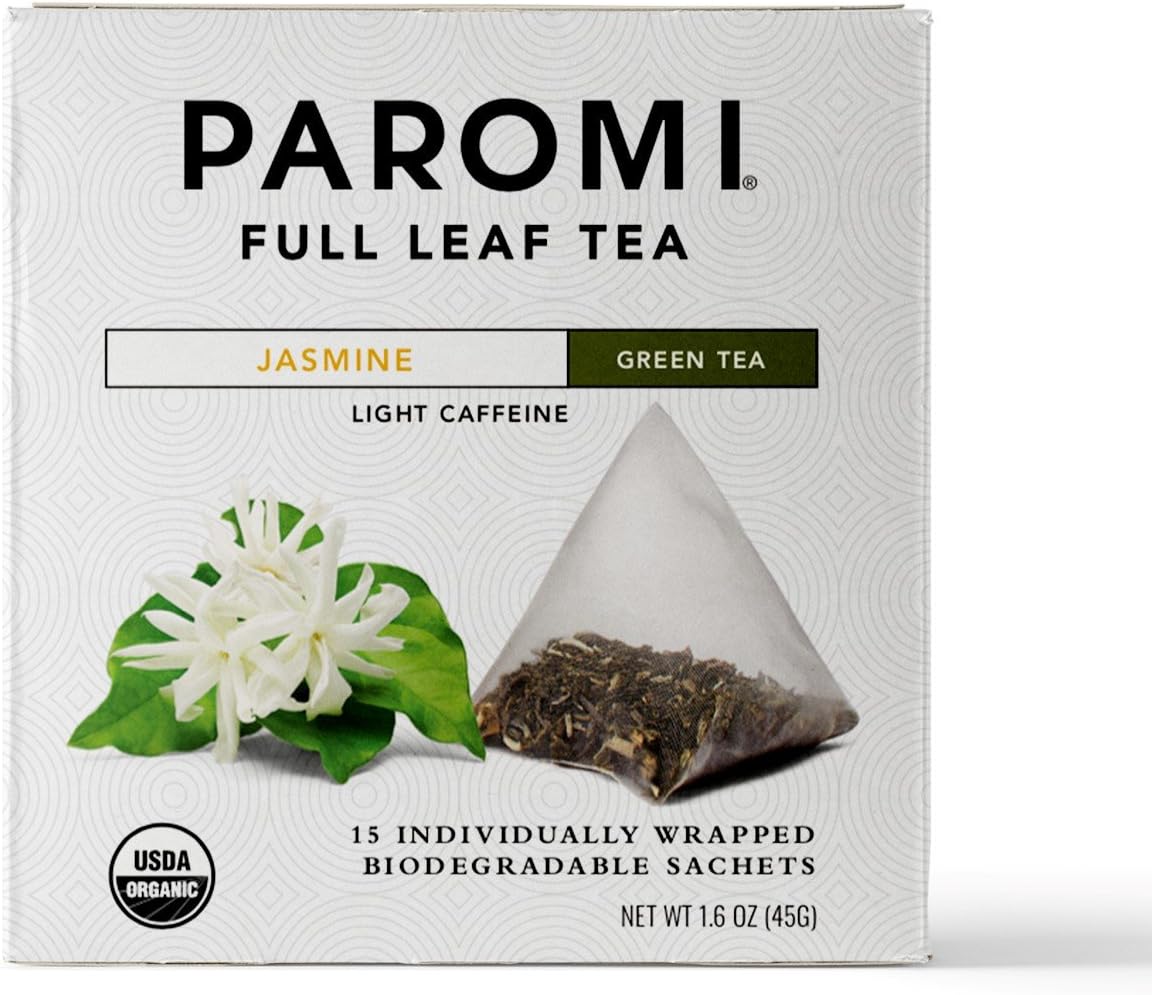 Paromi Jasmine Green Tea, Individually Wrapped Sachets, 15 Count (Pack of 6)