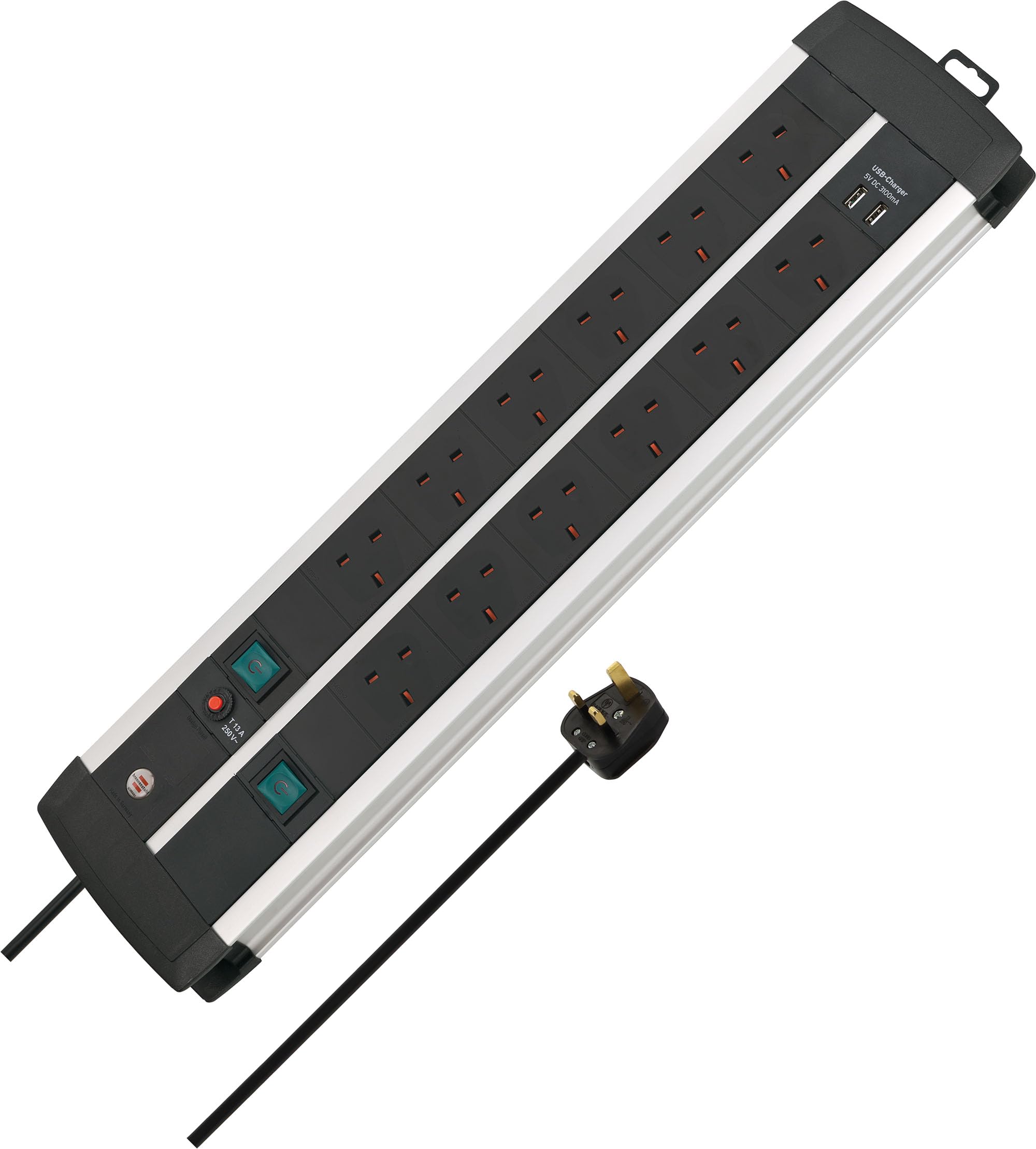 Brennenstuhl Premium-Duo-ALU-Line Technics Extension Socket with Safety Fuse Button and USB-Charger 2x6-way 3m H05VV-F 3G1.5 *GB*