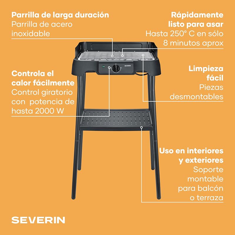 Barbacoa Eléctrica de Pie, Acero Inox, 2000W