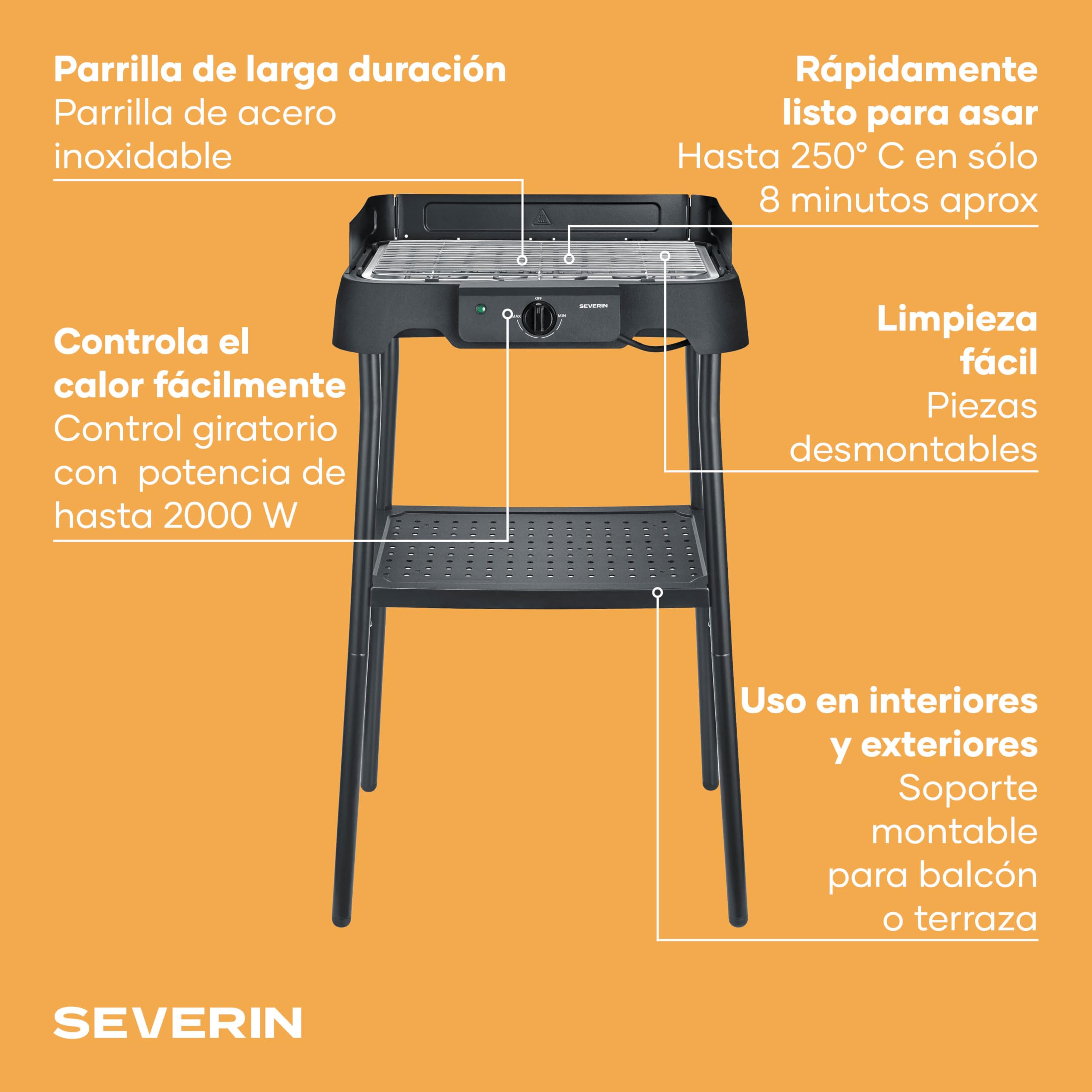 Barbacoa Eléctrica de Pie, Acero Inox, 2000W