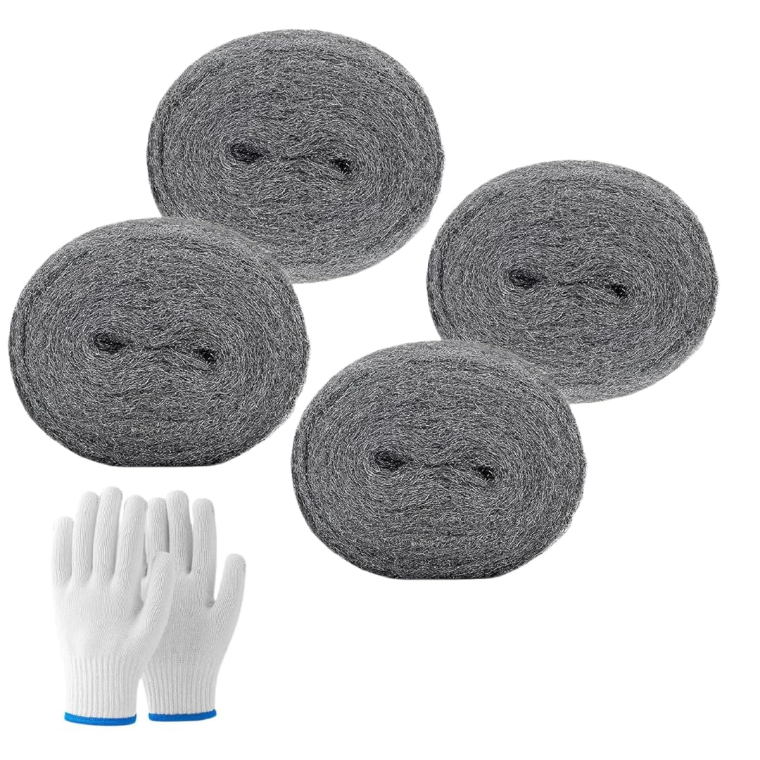 Steel Wool with Work Gloves, Hardware Cloth - 0000 Coarse Wire Wool Gaps Blocker, Hole DIY Fill Fabric Kit Can Stop Rats, Insect, Pest (3m/Roll) x 2 (4pcs)
