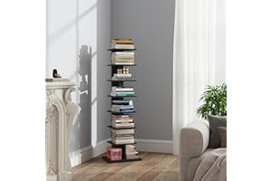 TUTOTAK Narrow Bookshelf, 8-Tier Bookcase, Spine Book Shelf for Small Space, Corner Standing Shelf for Living Room, Office, Study, Entryway, Black BS06BK008