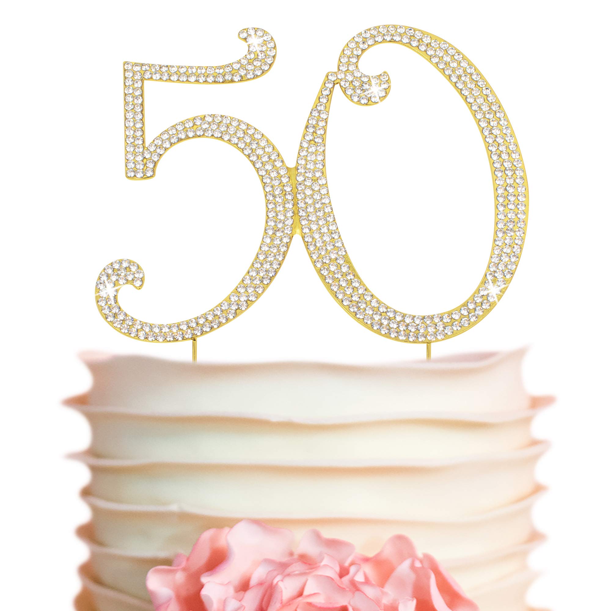 Photo 1 of 50 Cake Topper - Premium Gold Metal - 50th Birthday or Golden Anniversary Party Sparkly Rhinestone Decoration Makes a Great Centerpiece - Now Protected in a Box