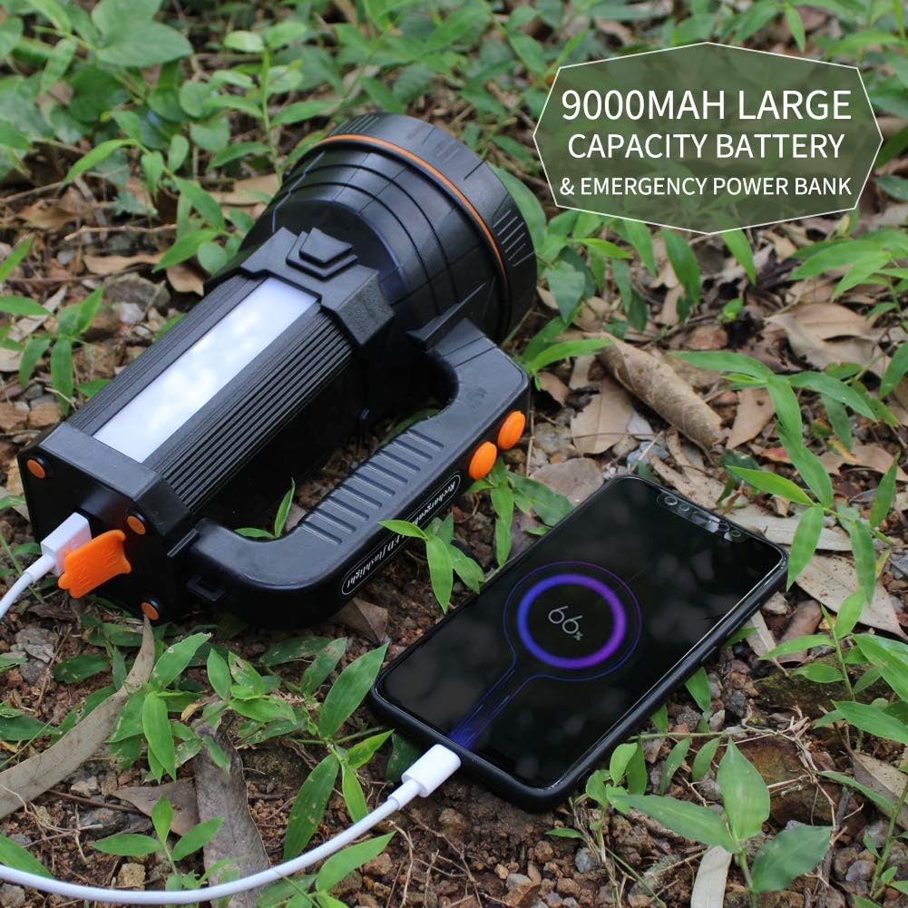 Eornmor Super Bright High Power Portable Handheld Led Spotlight 6000 Lumen Waterproof Large Flashlight Rechargeable High Lumen LED Searchlight Torch Floodlight (Black) - - 