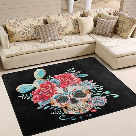 Area Rug 80x58 Inch Cactus Rose Flower Sugar Skull Dia De