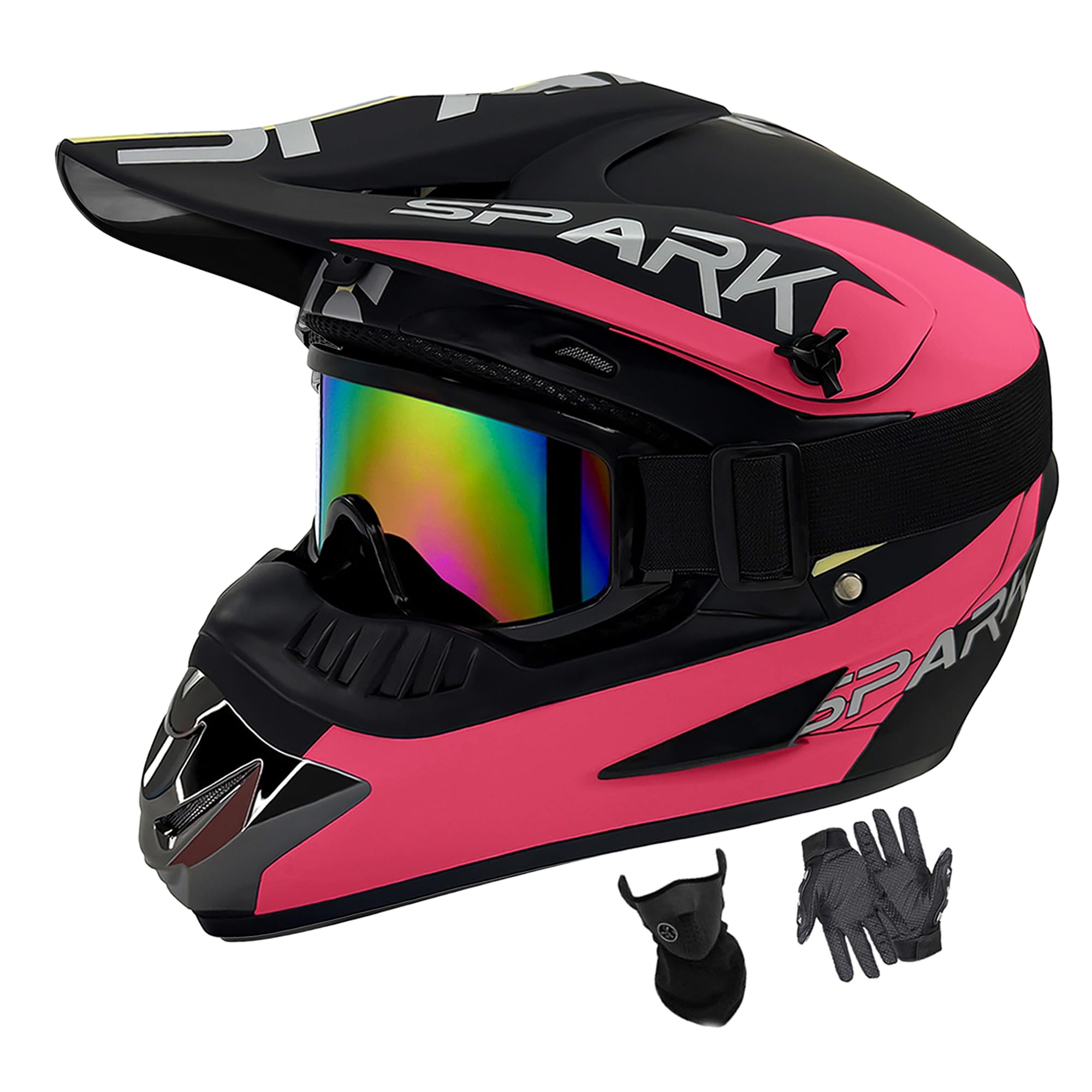 Dirt Bike Helmets Youth Kids Four Wheeler Motocross Helmet Fashion Adult Motorcycle BMX MX ATV Off-Road Moutain Bike Helmets Dot Approved (Goggles Gloves Faceshield) (Blackpink, X-Large) Image