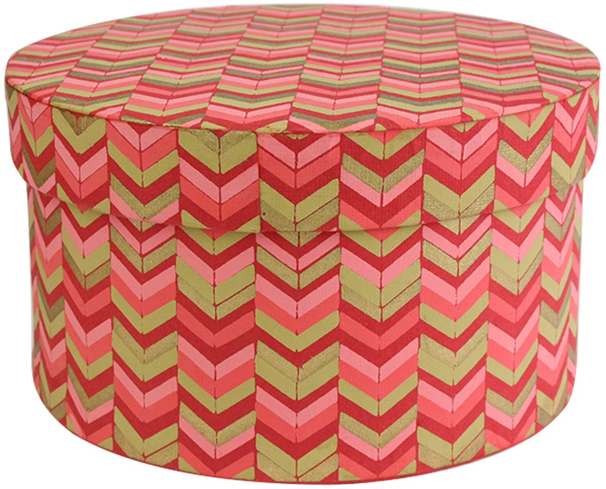Emartbuy Round Handmade Cotton Paper Gift Box, Printed Red Pink Gold, 17 x 9.5 cm (6.6 x 3.7 in)