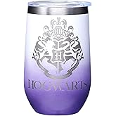 Spoontiques Hogwarts Etched Stainless Steel Tumbler - Insulated Wine Tumbler with Lid – Double Wall Stainless Steel Stemless Wine Glass – 16oz - 5 5/8" Tall