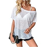 WDIRARA Women's Off Shoulder Sheer Mesh Short Sleeve Top See Through T Shirts