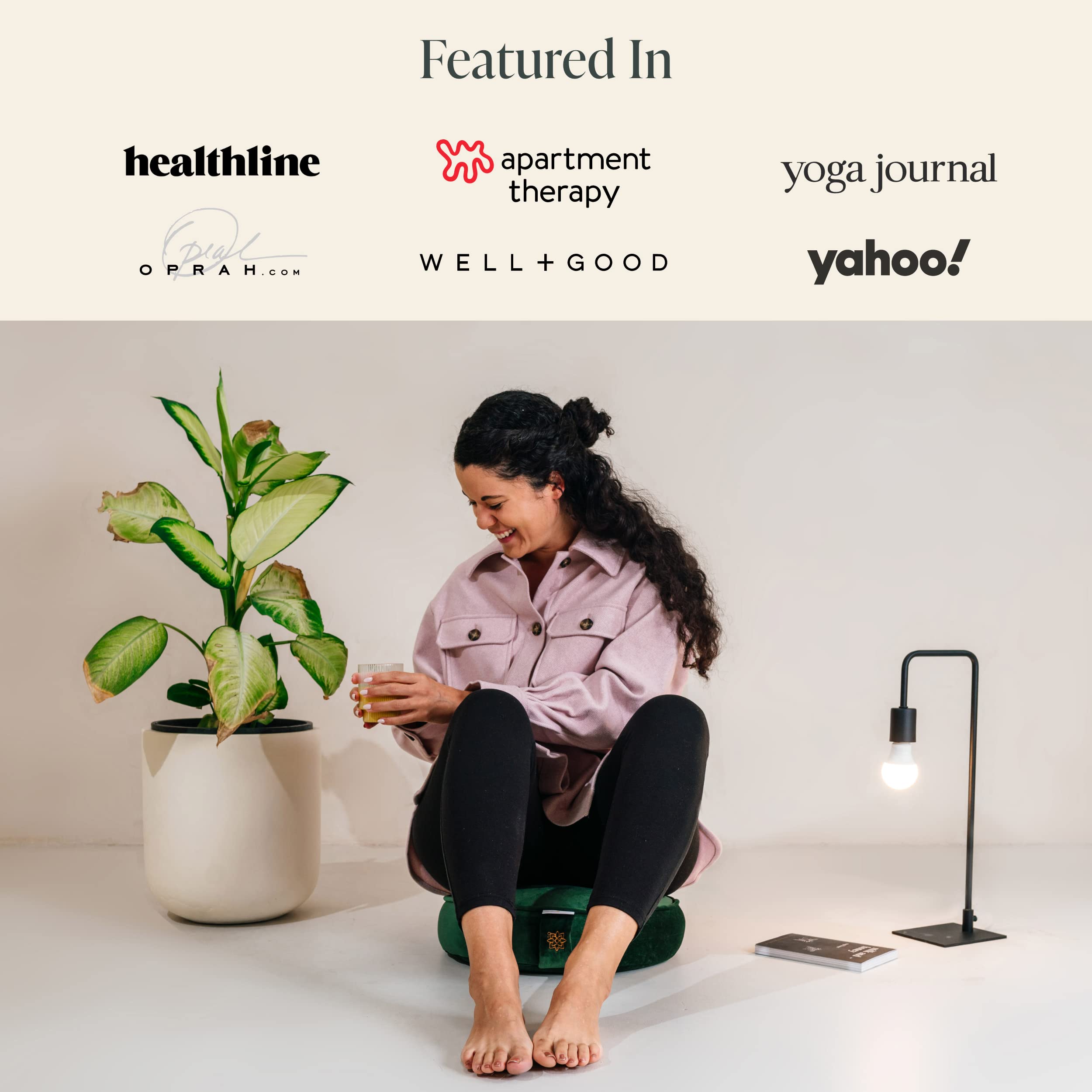 Mindful & Modern Velvet Meditation Cushion | Luxe Zafu Yoga Floor Pillow Seat | Posture Support | Buckwheat Hull Filled | Large Round Cushion with Removable Washable Cover + Carry Handle | Color Green - Image 5