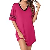 Missufe Women's V Neck Short Sleeve Nightgown Pajama Dress Sleepwear Sleepshirt Loungewear Color Block Nightshirts
