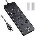 Universal Power Strip, Jumpso 6ft Extension Cord with Multiple Outlets, 110-240v, 3000w Power Strip with USB Ports European Travel Plug Adapter Wall Mount Power Strip for Home Office Cruise, Black