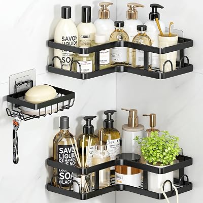ZVZM Corner Shower Caddy Organizer Rack 3 Pack with 12 Hooks No Drilling