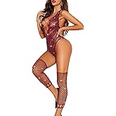 RSLOVE Sexy Lingerie for Women Bodysuit - Womens Fishnet Teddy Outfits Mesh Rhinestone Lingerie Set Cut Out Exotic Nightwear