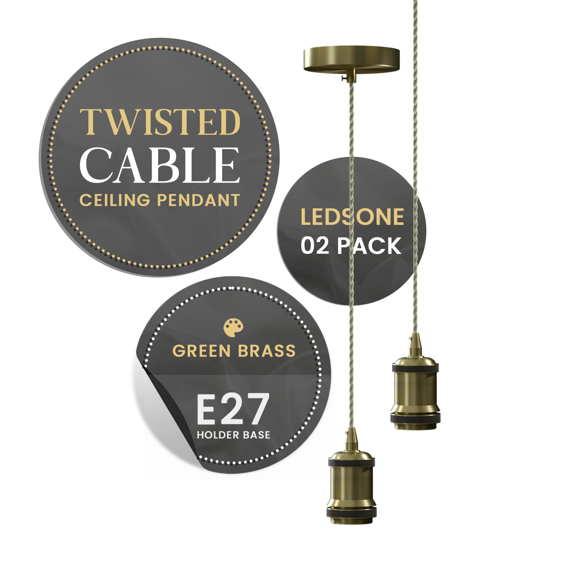 LEDSone Vintage Brass Pendant Light 2 Pack, E27 Ceiling Pendant Fitting with 100cm Adjustable Braided Cable, Hanging Lamp for Kitchen Island, Bedroom, Dining Room
