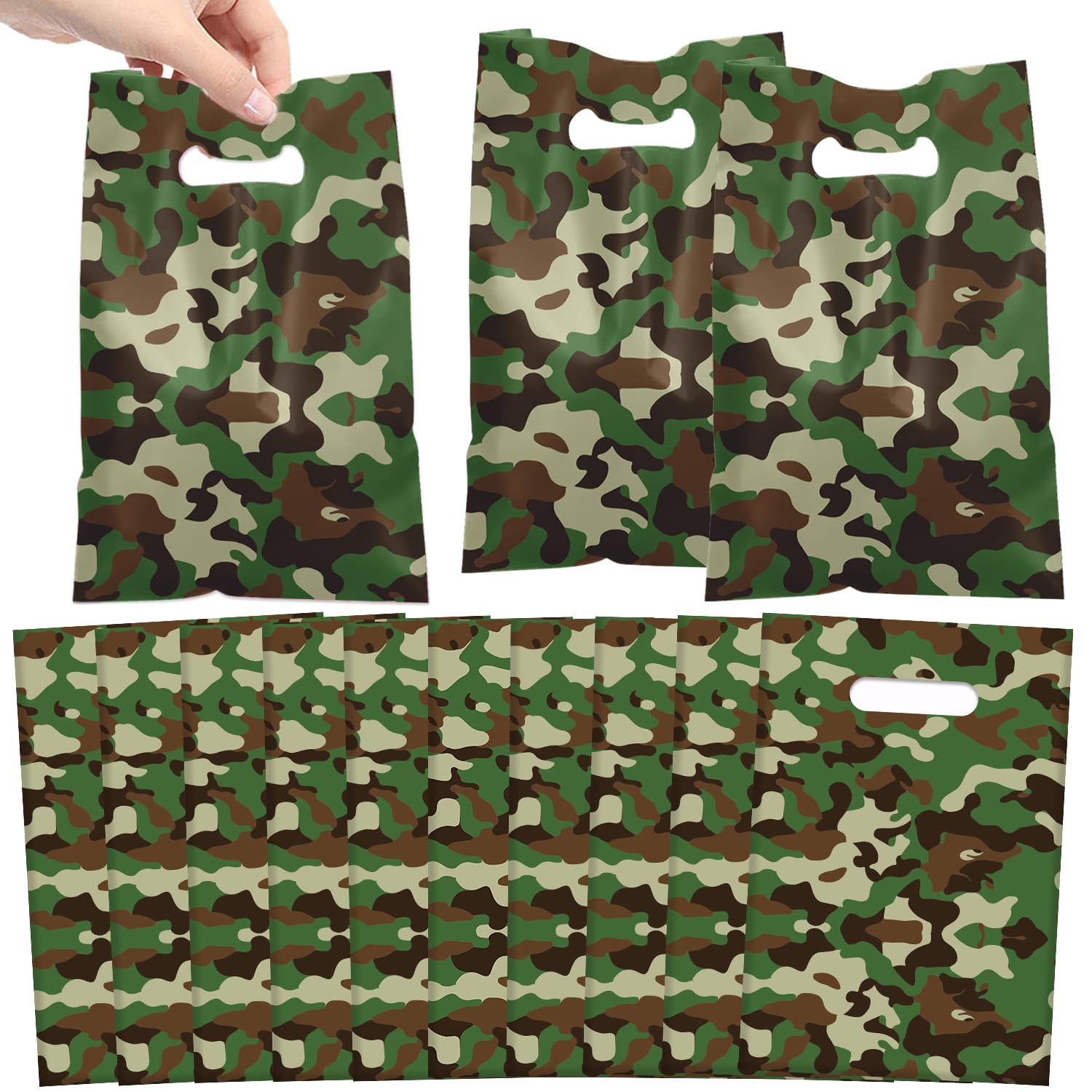 Photo 1 of YYMYMGJ 50 PCS Camo Party Gift Bags, Camouflage Military Party Favors Bags Waterproof Plastic Goodie Bags for Army Birthday Decorations Supplies Gifts for Kids Boy Girl Baby Shower