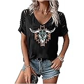 LANMERTREE Cut Out V Neck T Shirts Nashville Outfits for Women Casual Loose Shirt Country Music Graphic Tee Shirts