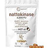 Nattokinase 4,000 FU Equivalent, 240 Enteric Coated Softgels with MCT Oil | 7-in-1 Ultra Absorption Cardiovascular Supplement with CoQ10, Bromelain, Turmeric, Ginger, Olive Leaf, & White Willow Bark