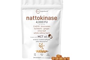 MICRO INGREDIENTS Nattokinase 4,000 FU Equivalent, 240 Enteric Coated Softgels with MCT Oil | 7-in-1 Ultra Absorption Cardiovascular Supplement with CoQ10, Bromelain, Turmeric, Ginger, Olive Leaf, & White Willow Bark