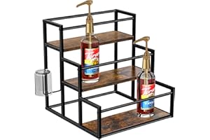 HOMEDAWN Coffee Syrup Rack Organizer, Syrup Bottle Holder Stand for Coffee Bar, 3-Tier 12 Bottles Storage Shelves for Syrup, Wine, Dressing for Kitchen Countertop, Rustic Brown & Black