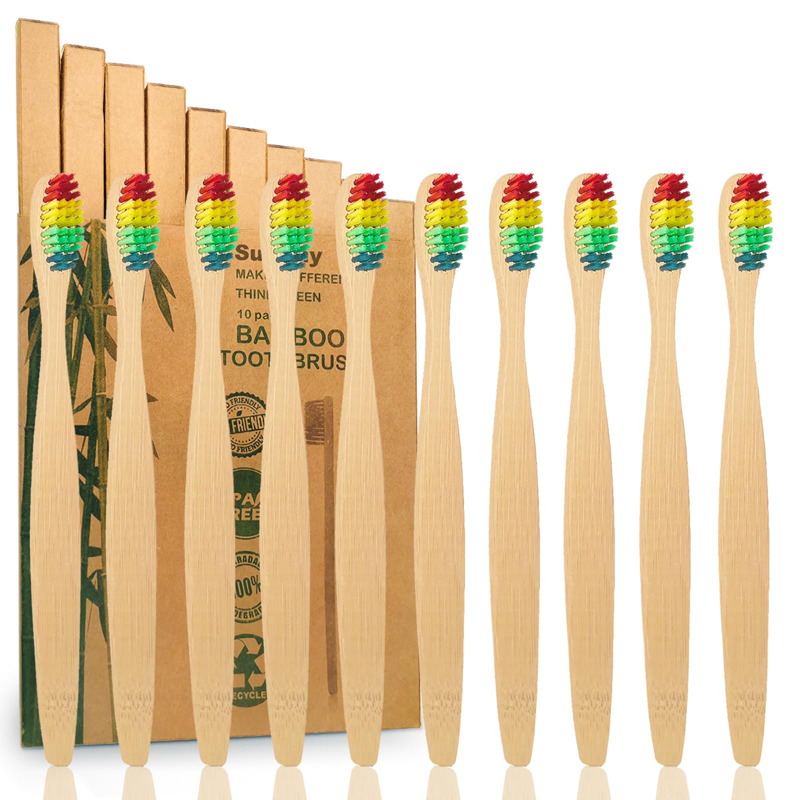 10 Pack Rainbow Bamboo Toothbrushes | Biodegradable & Compostable Eco-Friendly Natural Bamboo Charcoal Toothbrushes | BPA Free Soft Bristles Wooden Toothbrush - 100% RECYCLED PACKAGING (Rainbow)