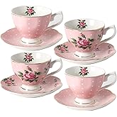 BTaT- Floral Tea Cups and Saucers, Set of 4, 8 oz, Fine Porcelain Teacup Set with Gold Trim for Afternoon Tea, Weddings, Parties & Gifting, Dishwasher Safe, Lightweight, Non-Toxic