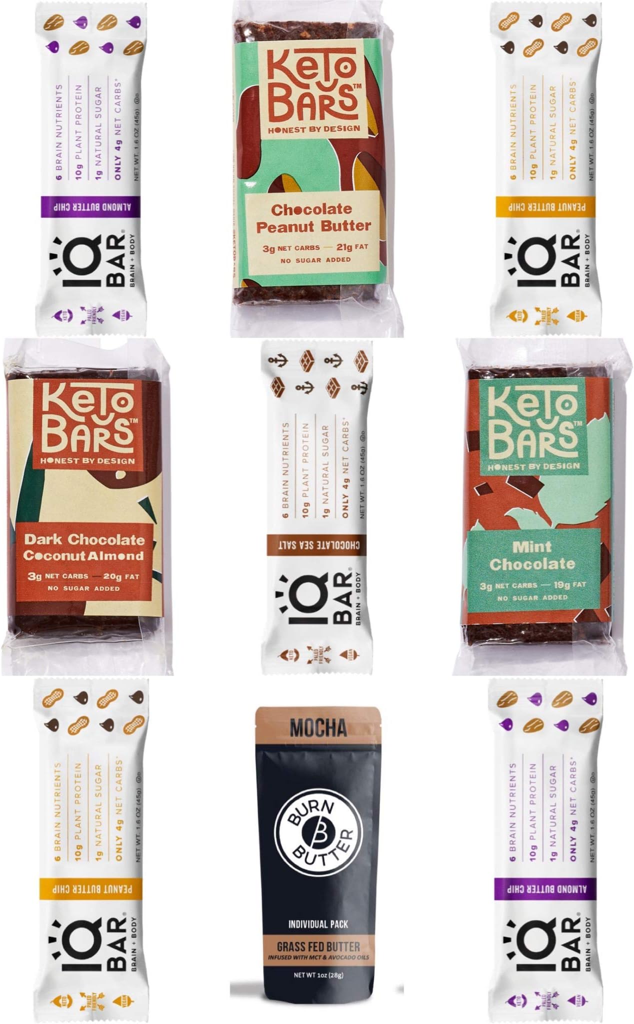 Keto Fat Bombs Dessert Bars Sampler - IQ Bars Brain Food Bars, Keto Bars, & Burn Butter Variety Pack (IQ Bars + Keto Bars (Chocolate Lovers), 9 Count)